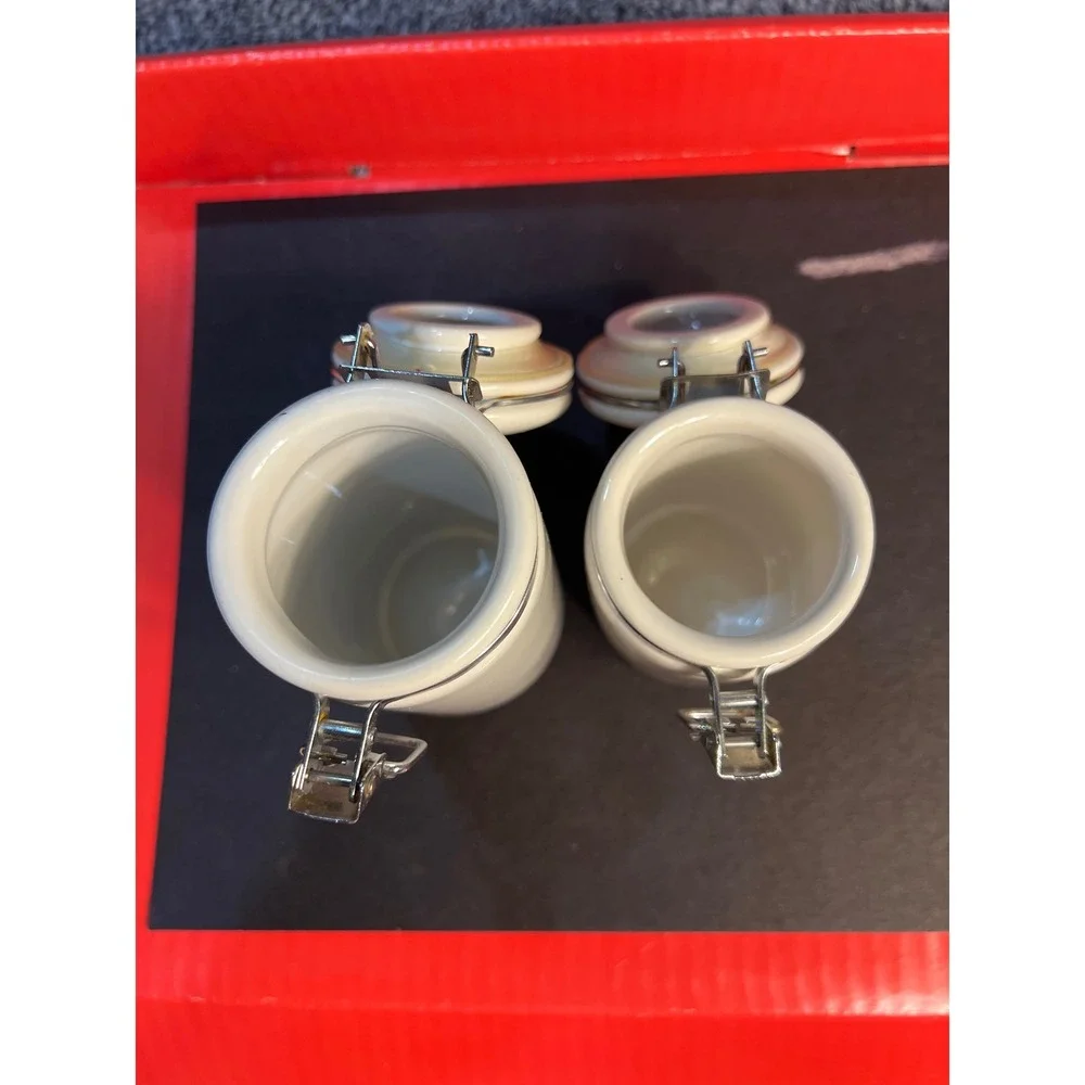 Oggi White Ceramic Canister Set of 2 Airtight Locking Metal Bail Jars Minimalist